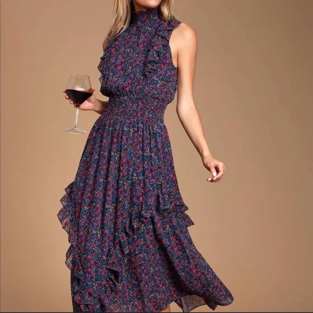 Lulu's Floral Ruffle Midi Dress - Navy and Pink